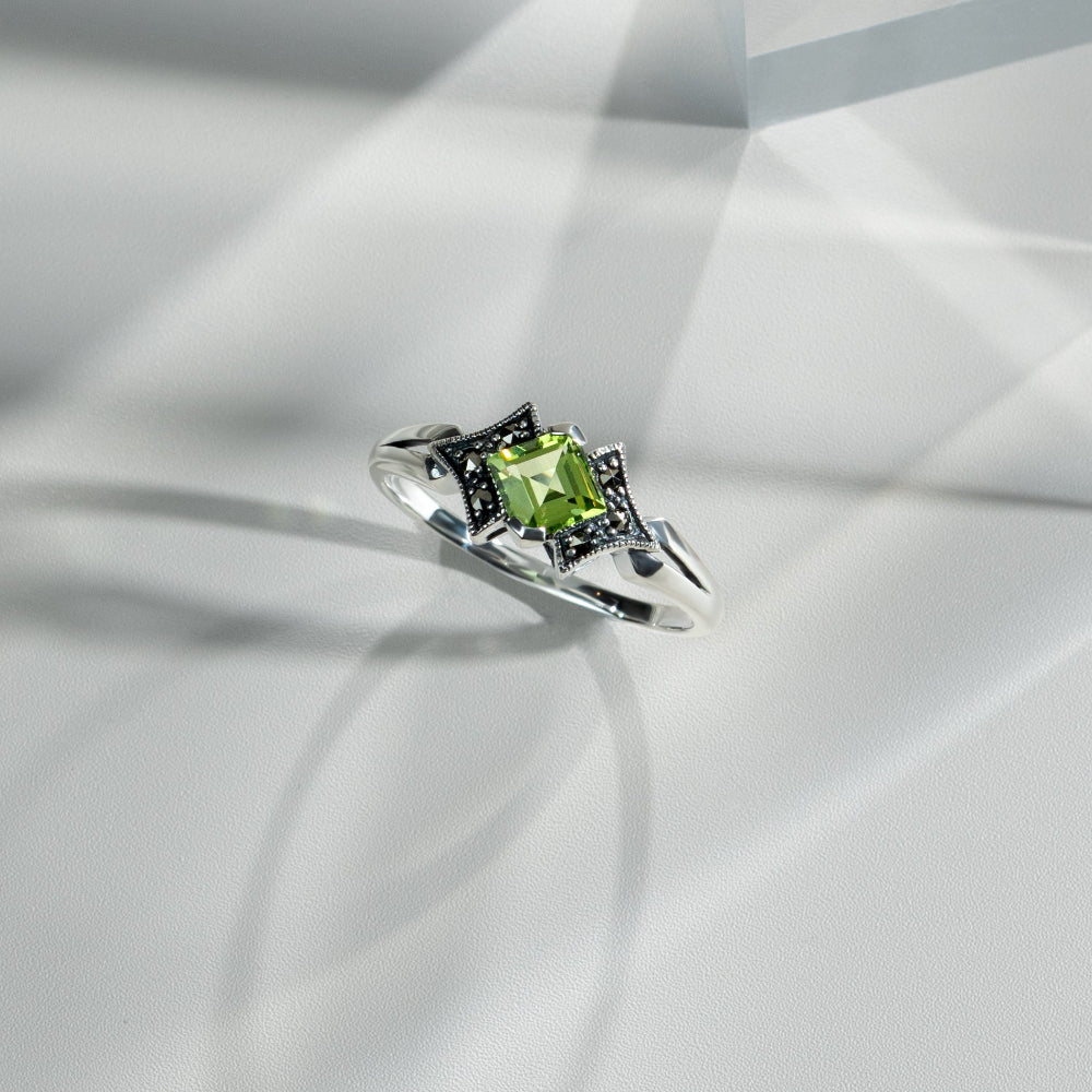Art Deco Style Square Peridot & Marcasite Ring in 925 Sterling Silver flatlay