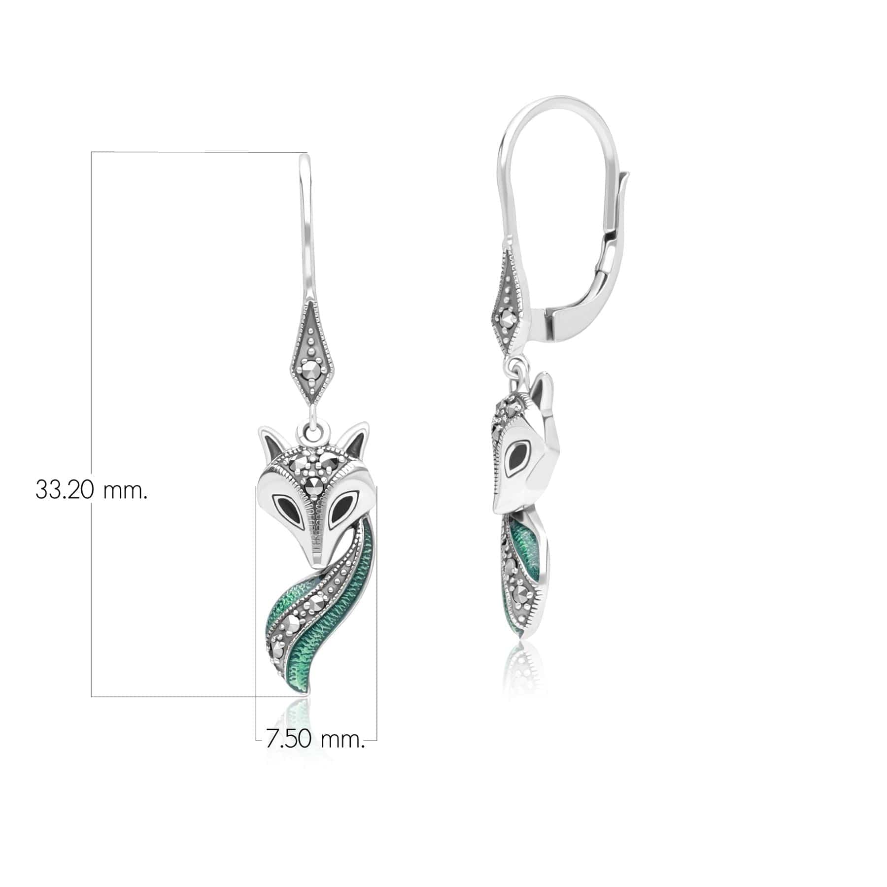 Art Nouveau Style Marcasite, Green and Black Enamel Fox Drop Earrings in Sterling Silver 214E935901925 Dimensions