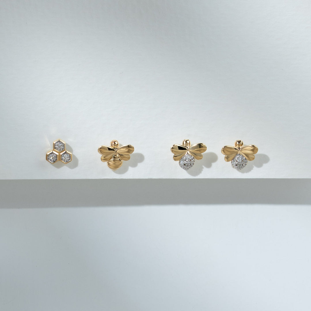 Honigwaben-inspirierte Diamant-Bienen-Ohrringe in 9 Karat Gelbgold