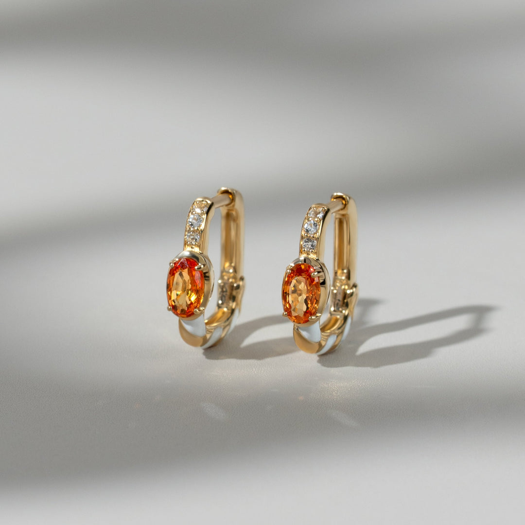 Quadratische Hoop-Ohrringe aus sibirischem Walzertopas und orangefarbenem Saphir in 9 Karat Gold