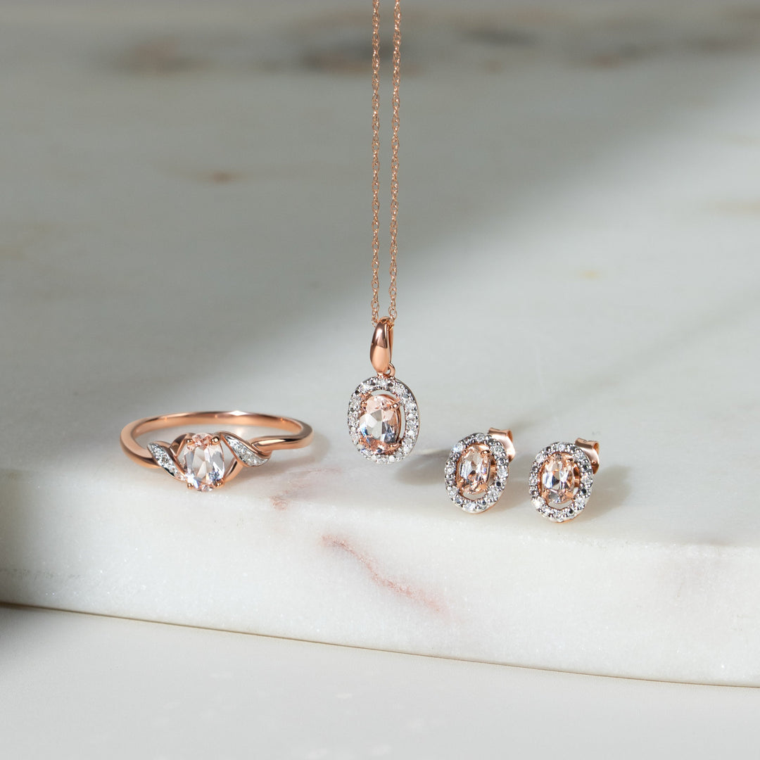 Klassische ovale Halo-Ohrstecker aus Morganit und Diamanten in 9 Karat Roségold