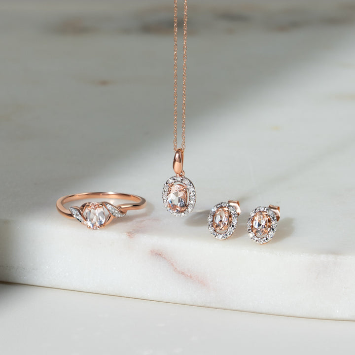 Klassische ovale Halo-Ohrstecker aus Morganit und Diamanten in 9 Karat Roségold