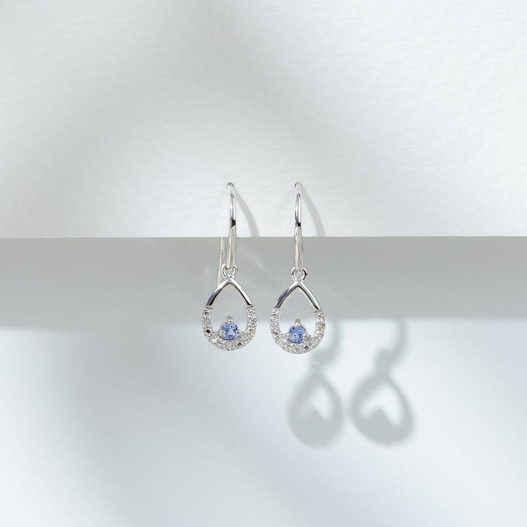 Klassische runde Tansanit- und Diamant-Tränenohrringe in 9 Karat Weißgold