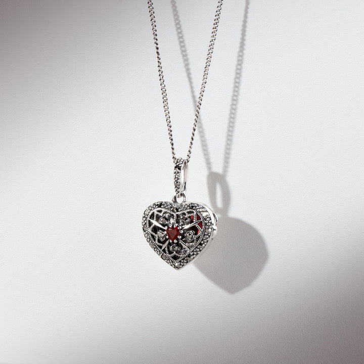 Jugendstil Herz Karneol & Markasit Medaillon an Kette in 925 Sterling Silber