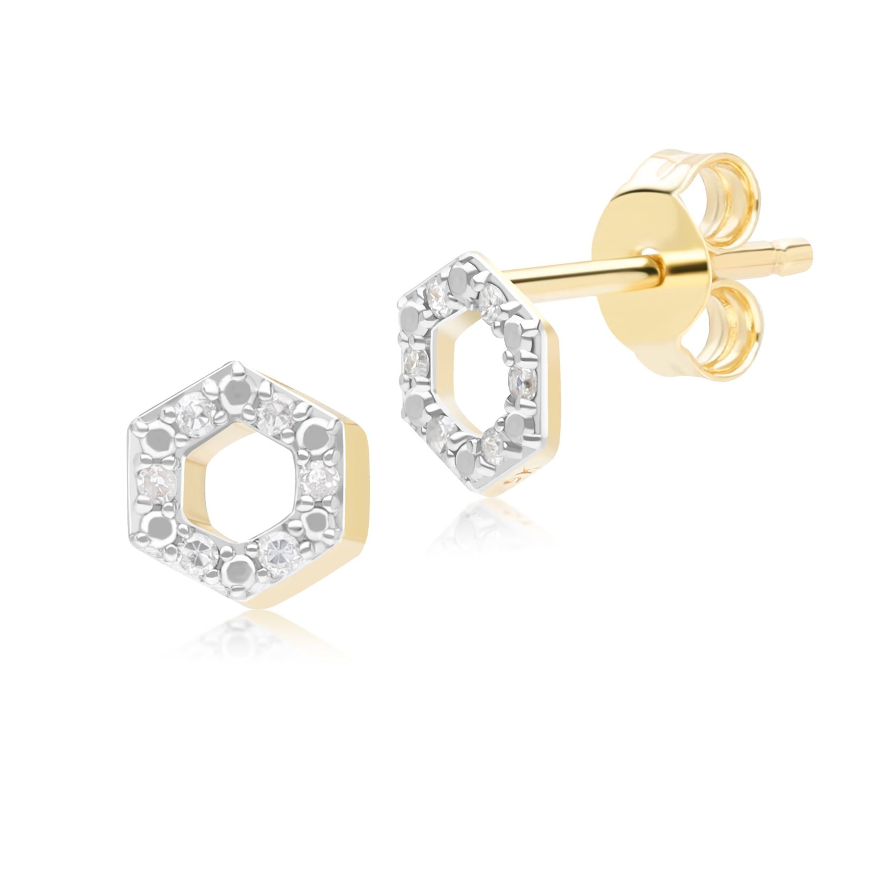 Geometric Hex Diamond Stud Earrings in 9ct Yellow Gold Front