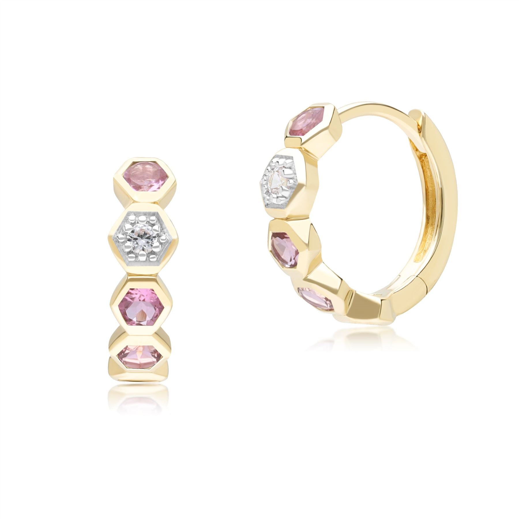 Geometric Round Pink Tourmaline and Sapphire Hoop Earrings in 9ct Yellow Gold Front
