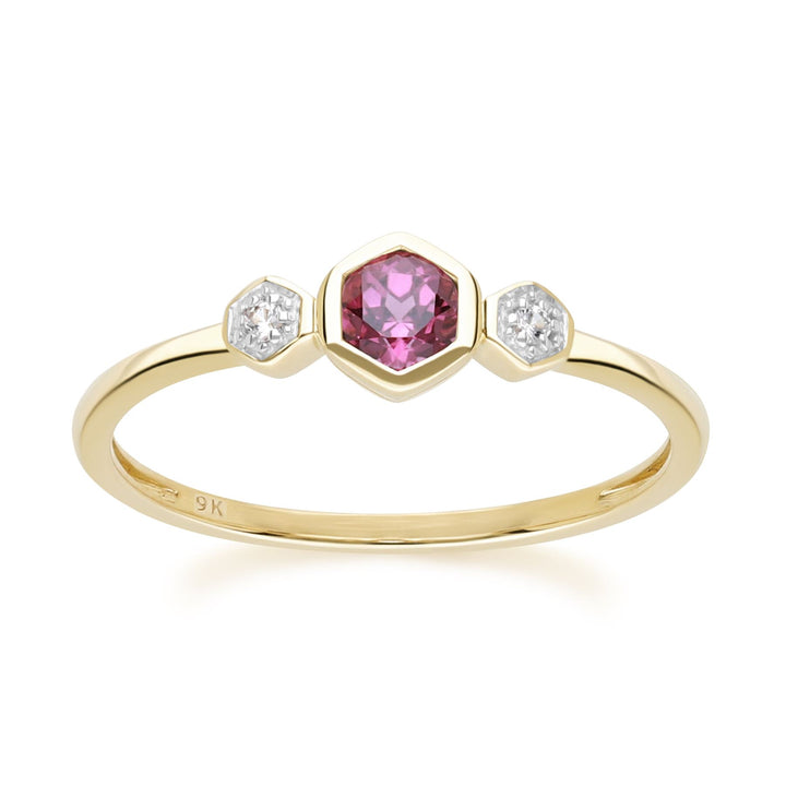 Geometric Round Rhodolite and Sapphire Ring in 9ct Yellow Gold Front