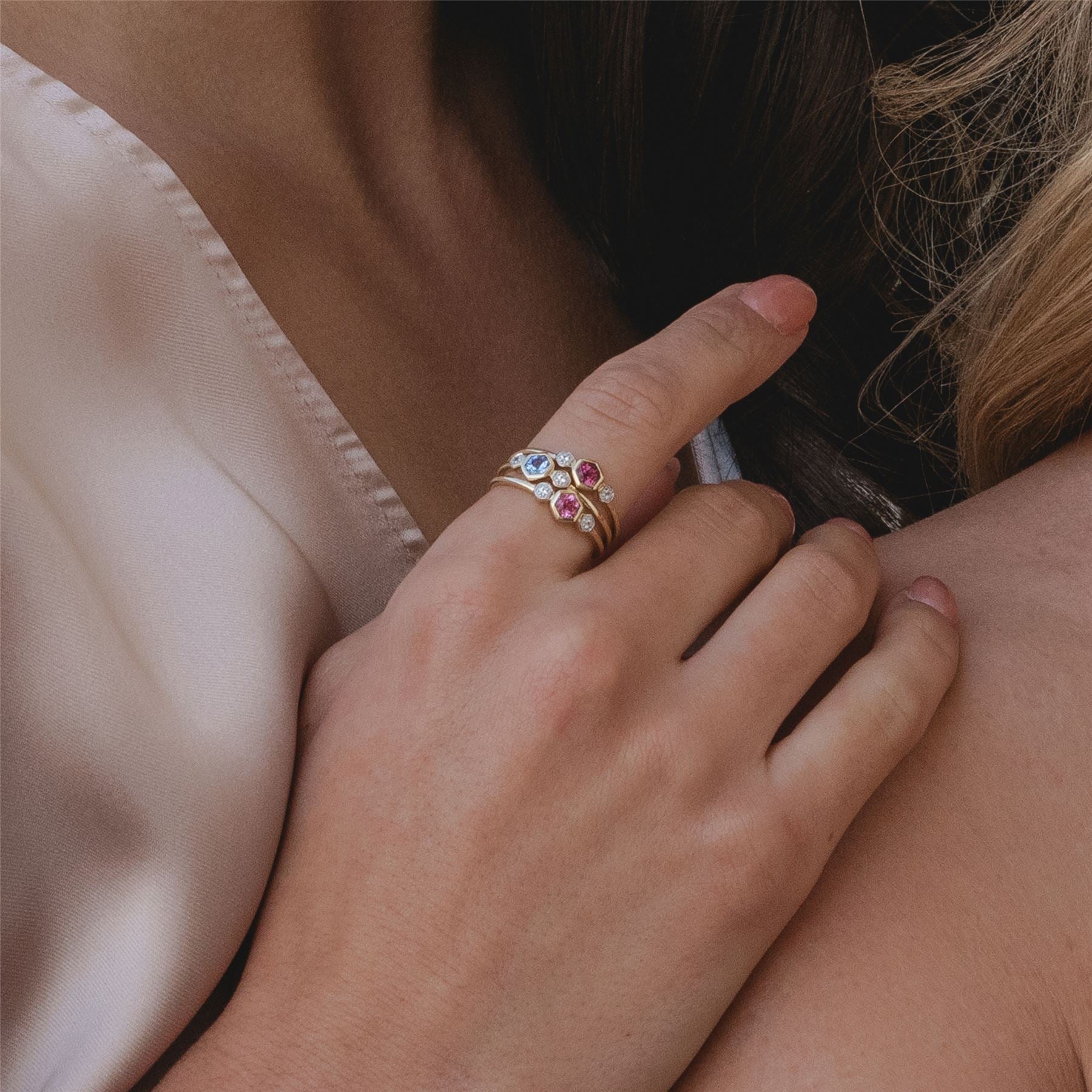 Geometric Round Rhodolite and Sapphire Ring in 9ct Yellow Gold On Model