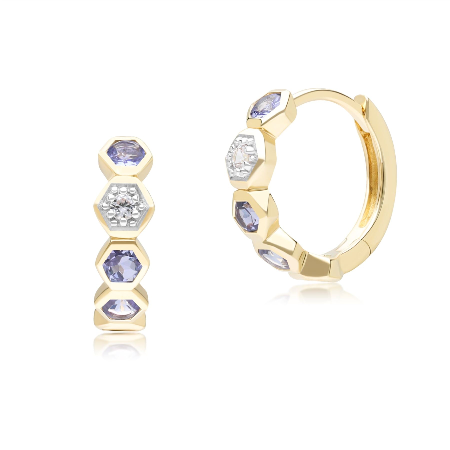 Geometric Round Tanzanite and Sapphire Hoop Earrings in 9ct Yellow Gold Front