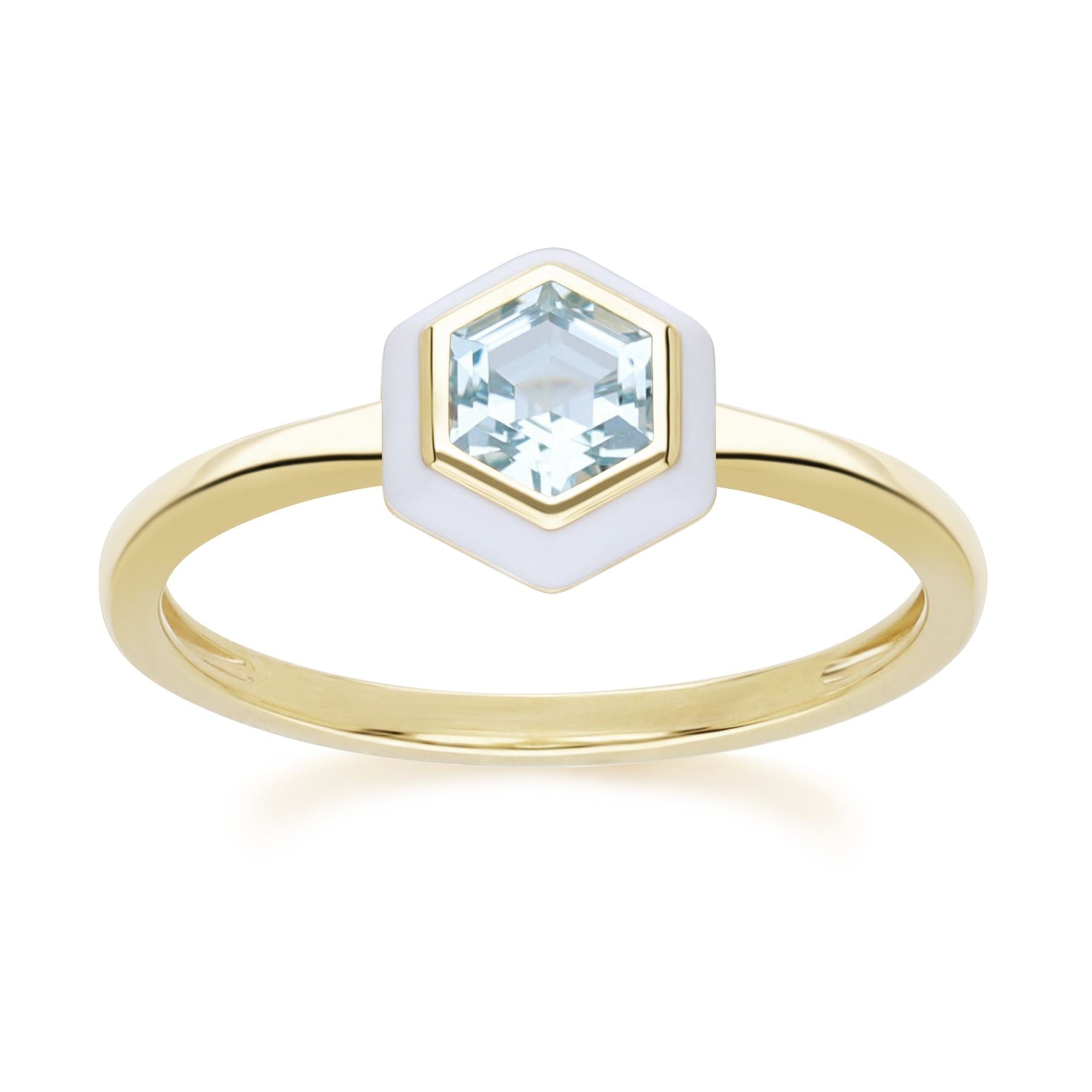 Geometric Hex Blue Topaz and White Enamel Ring in Gold Plated Sterling Silver Front