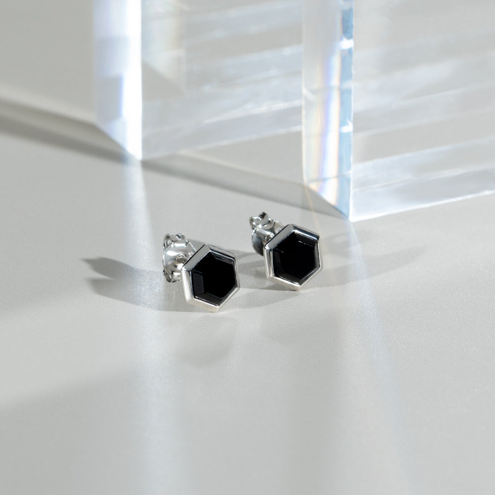 Geometric Hexagon Black Onyx Stud Earrings in 925 Sterling Silver flatlay