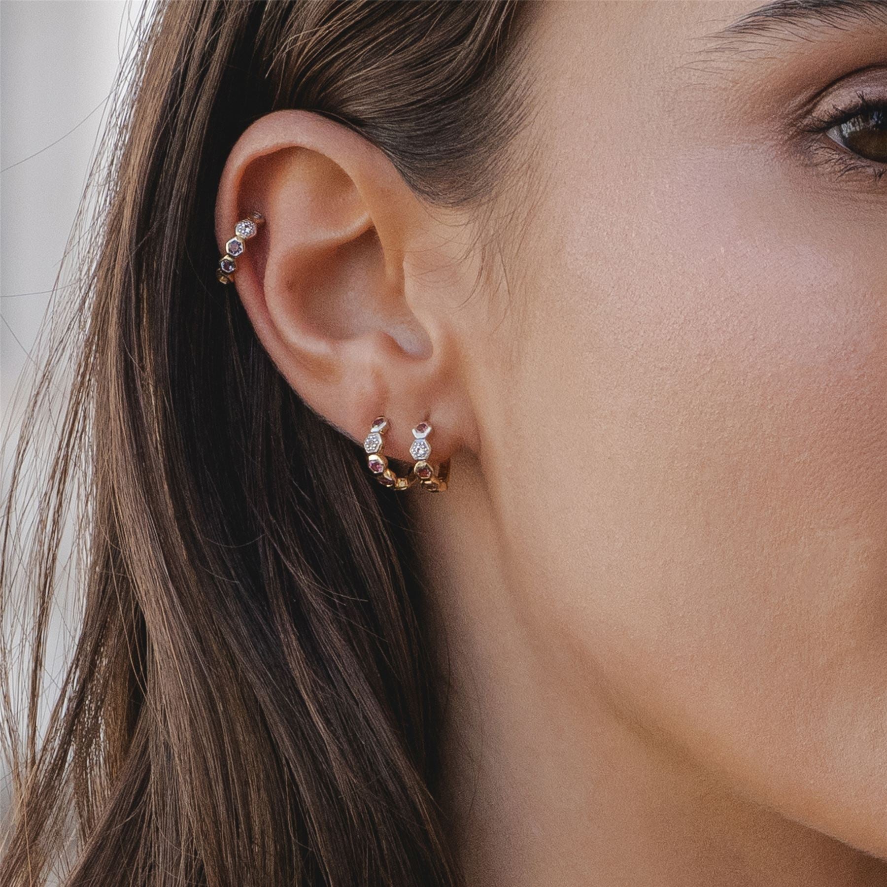 Geometric Round Tanzanite and Sapphire Hoop Earrings in 9ct Yellow Gold Back on Model