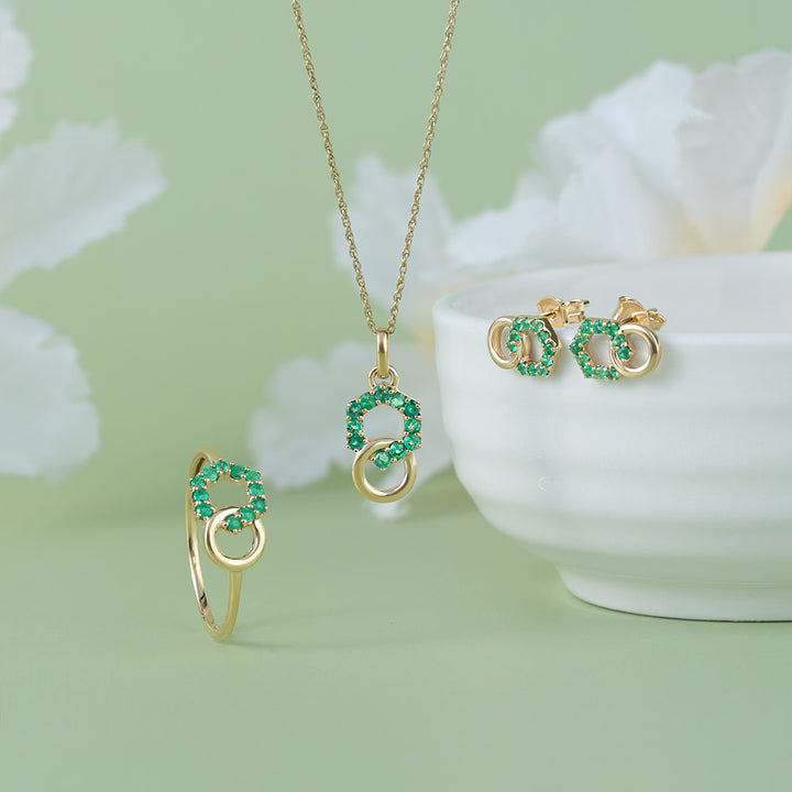 Geometric Hexagon and Round Linked with Prong set Emerald Stud Earrings in 9ct Yellow Gold