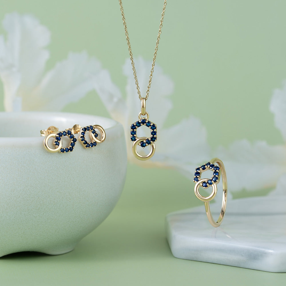 Geometric Hexagon and Round Linked with Prong set Sapphire Stud Earrings in 9ct Yellow Gold