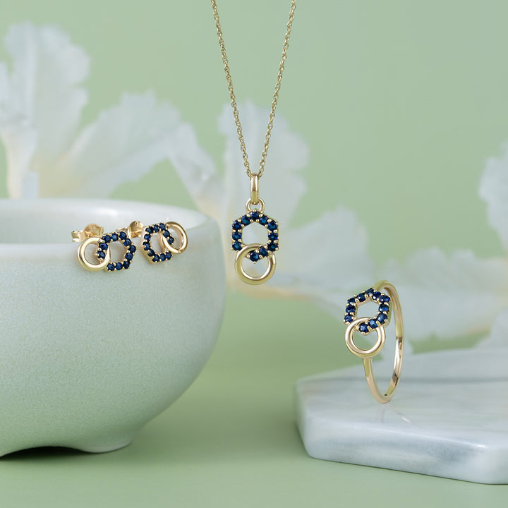 Geometric Hexagon and Round Linked with Prong set Sapphire Stud Earrings in 9ct Yellow Gold
