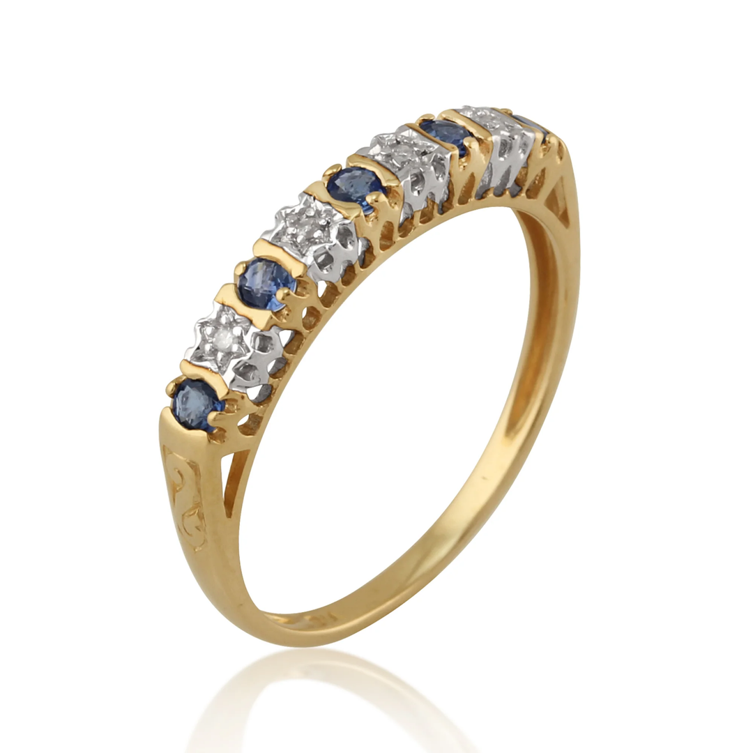 Klassischer runder halber Ewigkeitsring mit blauen Saphiren und Diamanten in 9 Karat Gelbgold