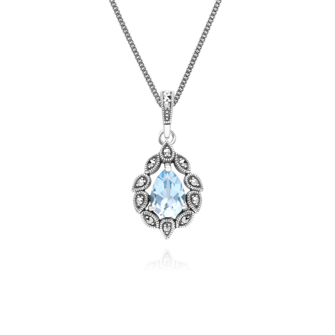Halskette mit Anhänger im Art-Deco-Stil mit birnenförmigem Blautopas und Markasit aus Sterlingsilber