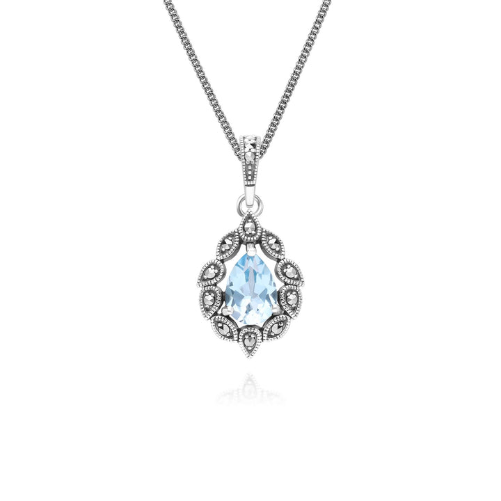 Halskette mit Anhänger im Art-Deco-Stil mit birnenförmigem Blautopas und Markasit aus Sterlingsilber