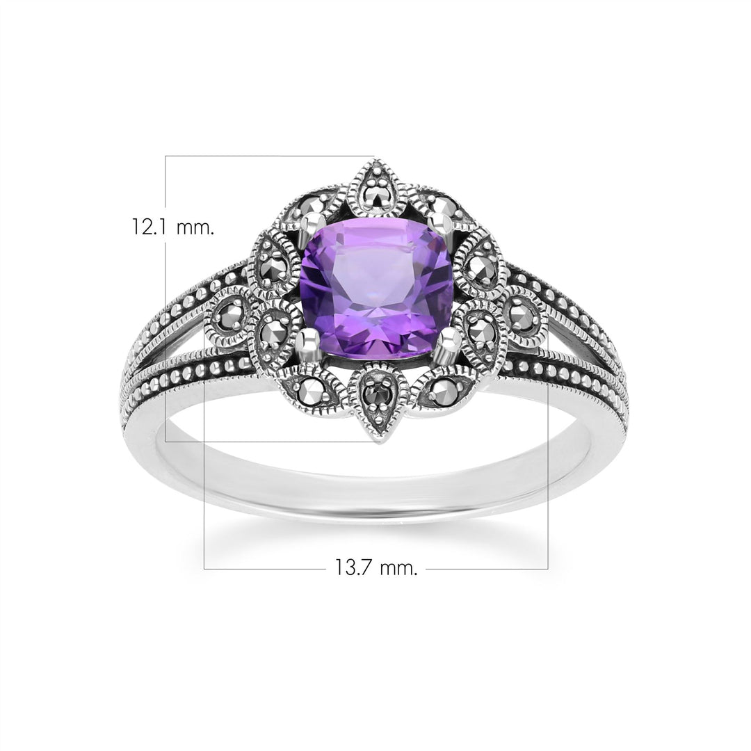 Kissenförmiger Amethyst- und Markasitring im Art-Deco-Stil aus Sterlingsilber