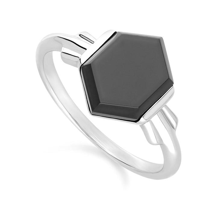Grand Deco Sechseck-Ring aus schwarzem Onyx in Sterlingsilber