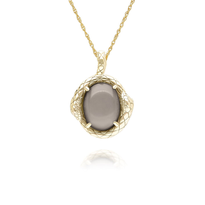 ECFEW™ Oval Black Moonstone snake two-headed coiled bezel-set cabochon pendant necklace in gold vermeil sterling silver