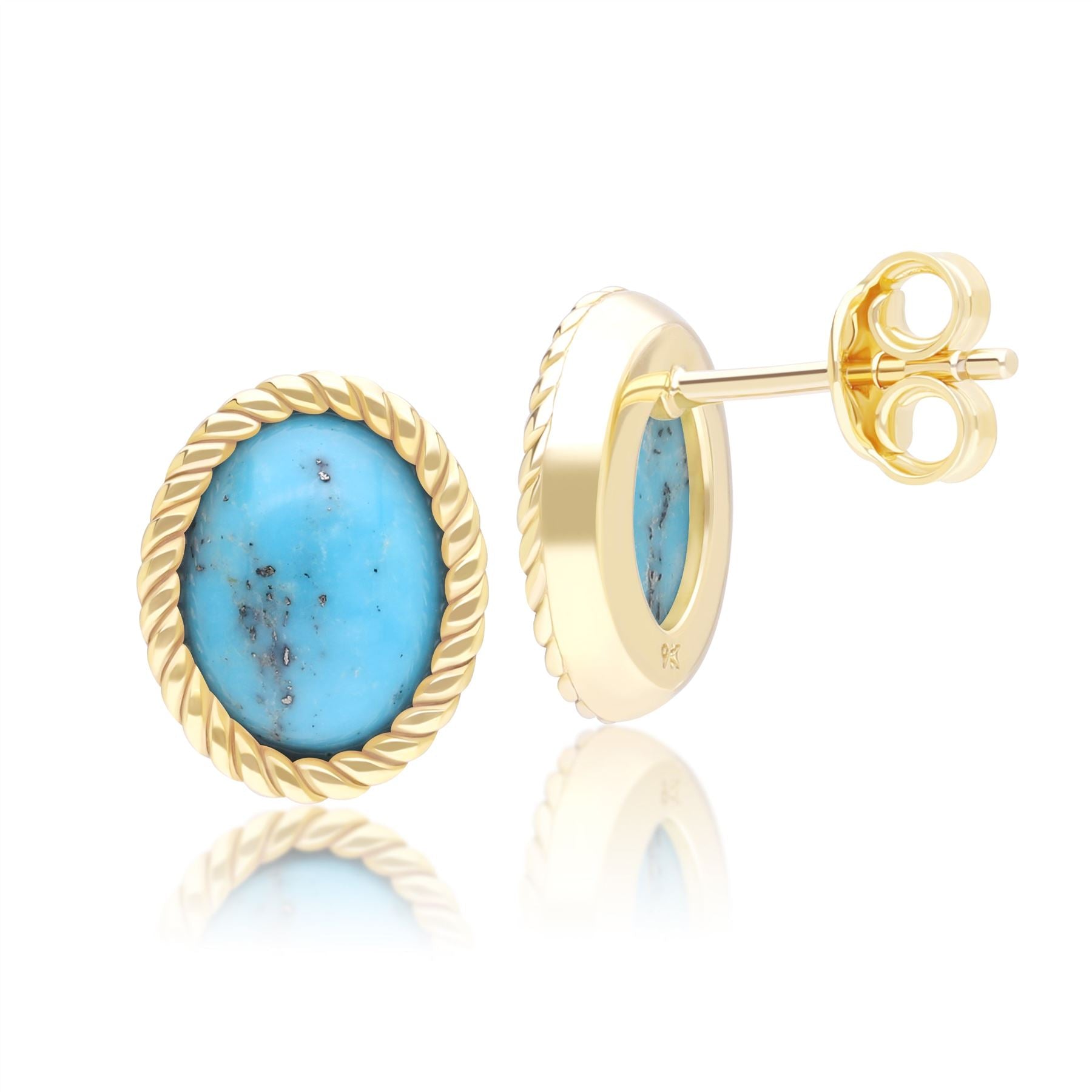 Klassische ovale Ohrstecker mit Türkis-Cabochon, Gelbgold 9 Karat