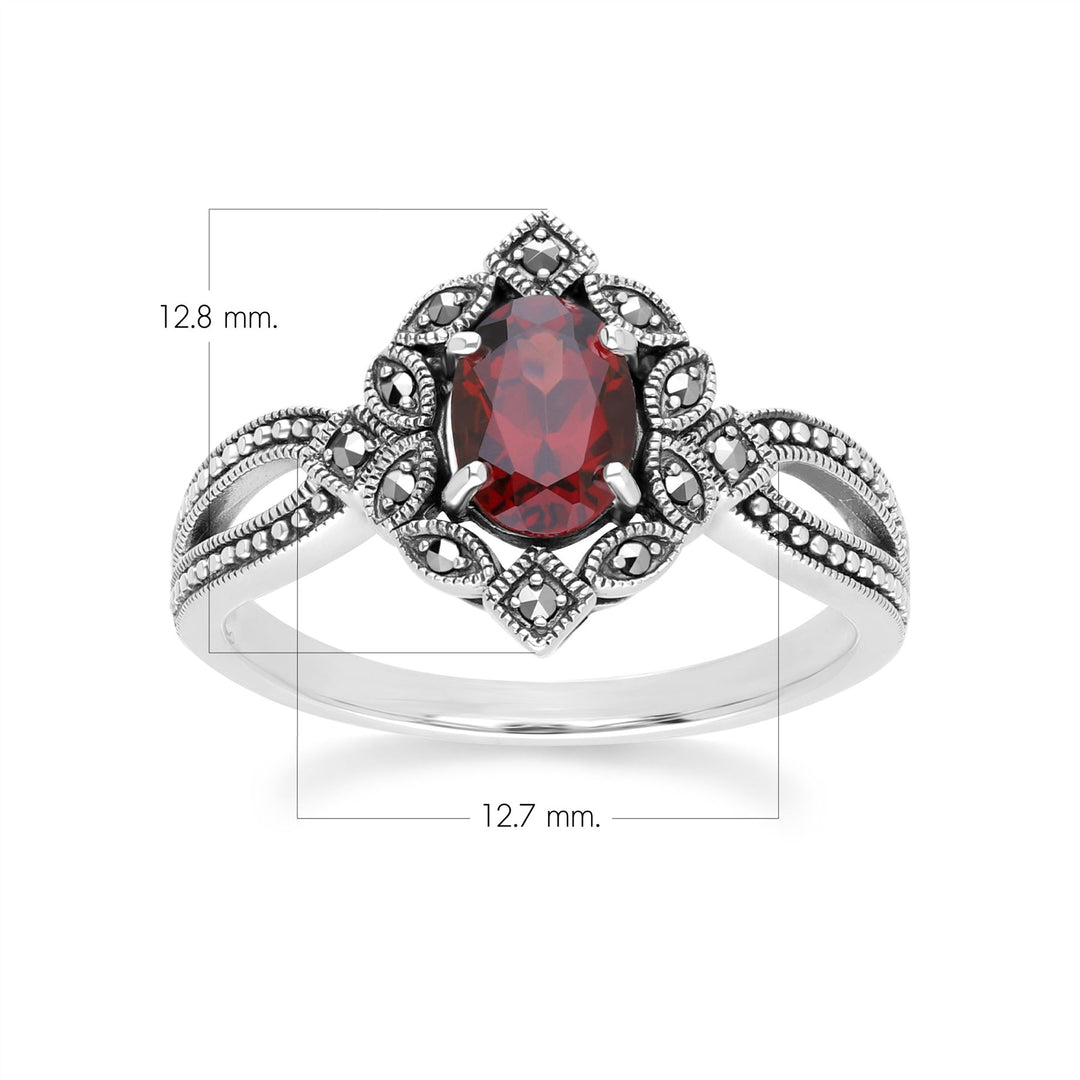Ovaler Granat- und Markasitring im Art-Deco-Stil aus Sterlingsilber