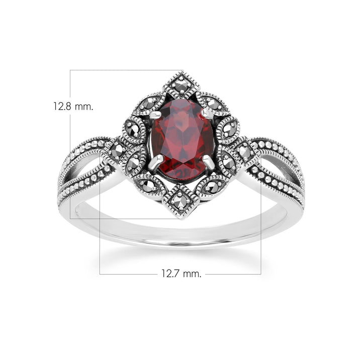 Ovaler Granat- und Markasitring im Art-Deco-Stil aus Sterlingsilber