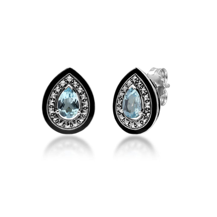 Ohrstecker im Art-Deco-Stil mit blauem Topas und Markasit im Birnenschliff