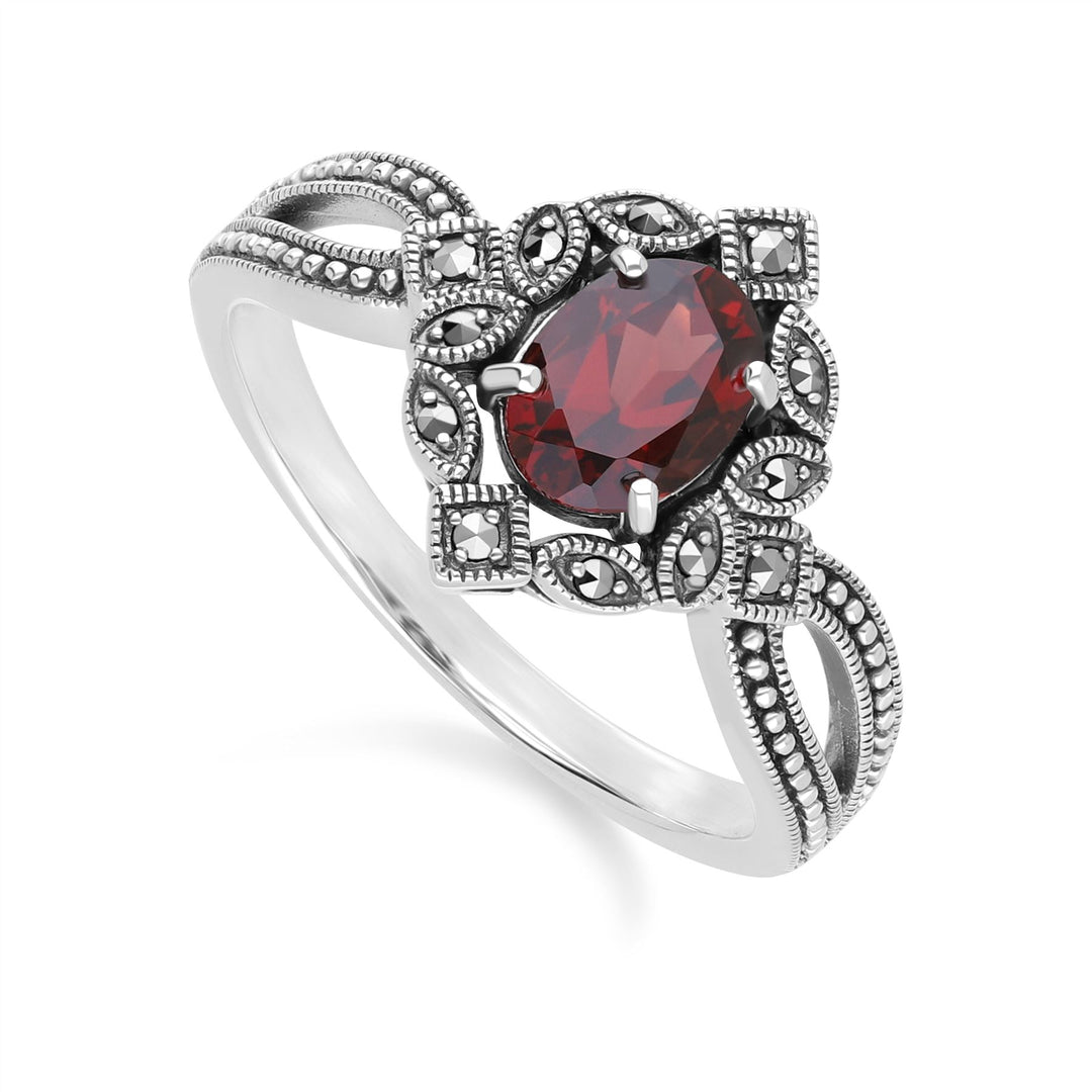 Ovaler Granat- und Markasitring im Art-Deco-Stil aus Sterlingsilber