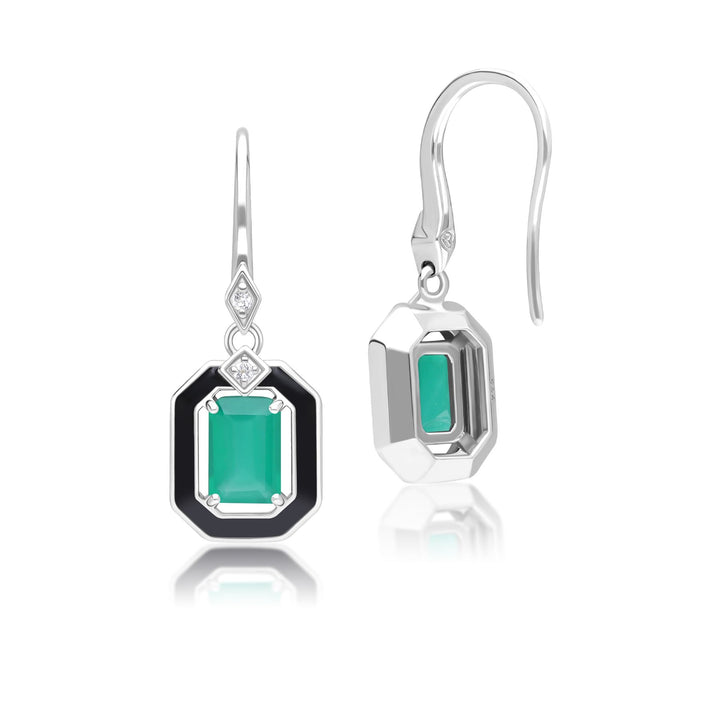 Grand Deco Tropfenohrringe aus Sterlingsilber mit schwarzem Emaille, grünem Chalcedon und Topas
