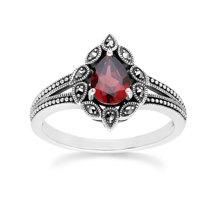 Birnenförmiger Granat- und Markasitring im Art-Deco-Stil aus Sterlingsilber