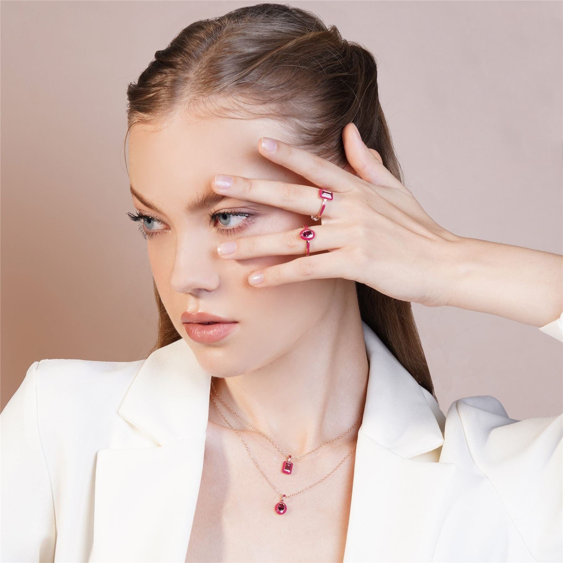 253R710490925 Siberian Waltz Pink Enamel & Baguette Rhodolite Ring in Rose Gold Plated Sterling Silver On Model