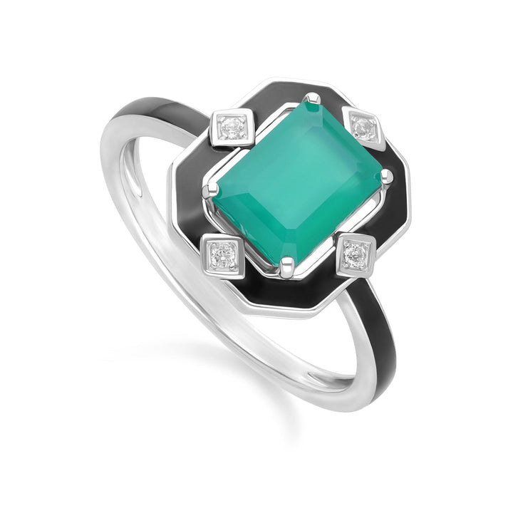 Grand Deco Ring aus Sterlingsilber mit schwarzem Emaille, grünem Chalcedon und Topas