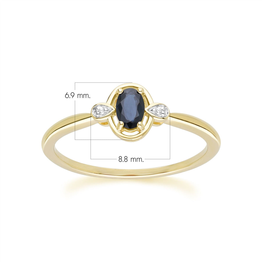 Klassischer ovaler Saphir- und runder Diamantring aus 9 Karat Gelbgold