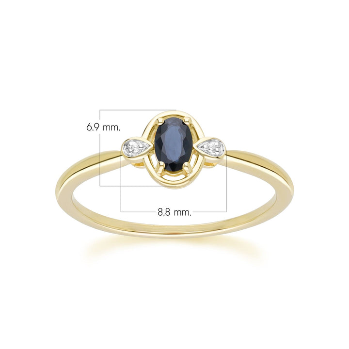 Klassischer ovaler Saphir- und runder Diamantring aus 9 Karat Gelbgold