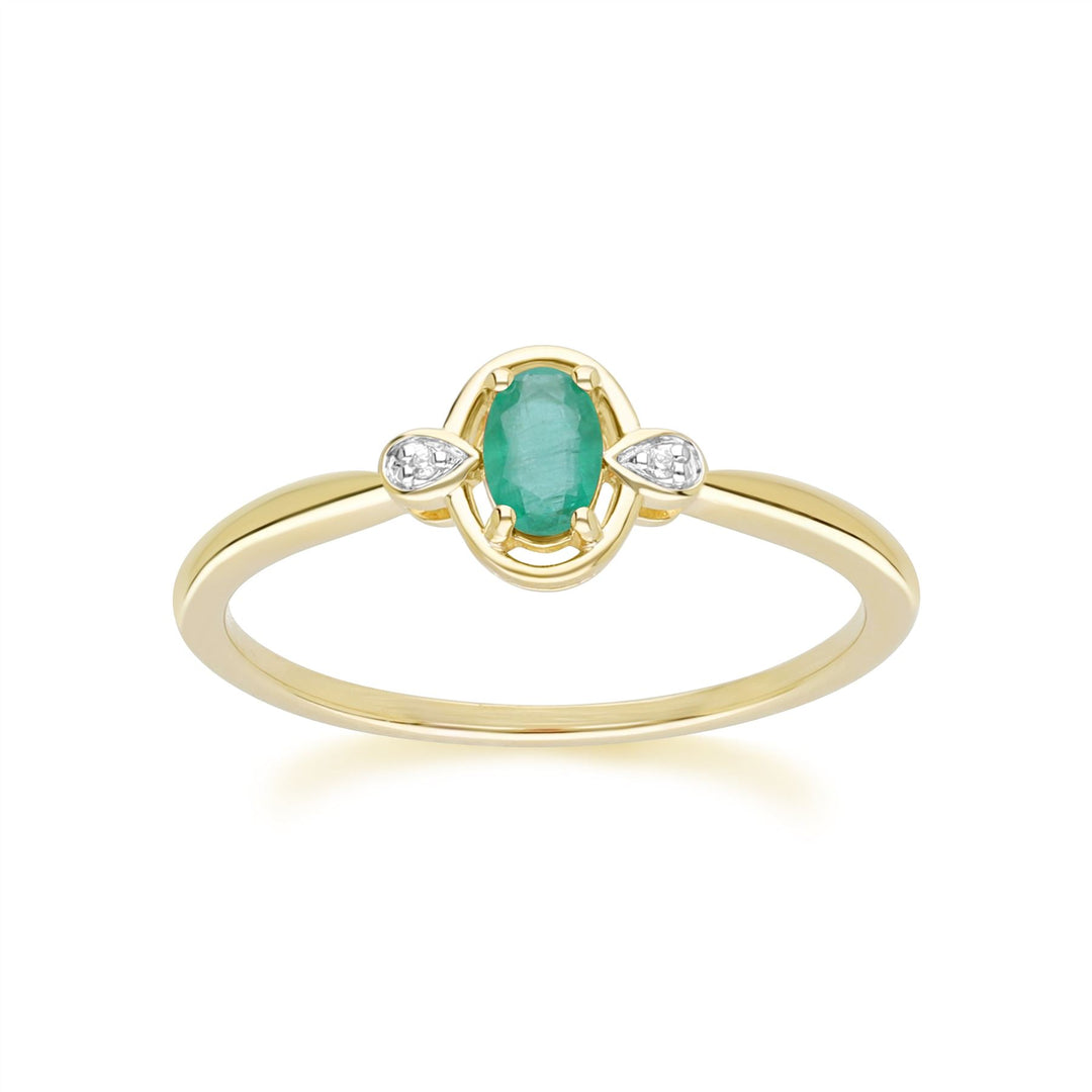 Klassischer ovaler Smaragd- und Diamantring aus 9 Karat Gelbgold