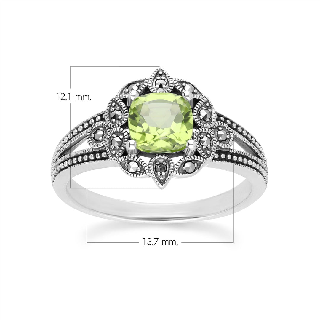 Kissenförmiger Peridot- und Markasitring im Art-Deco-Stil aus Sterlingsilber