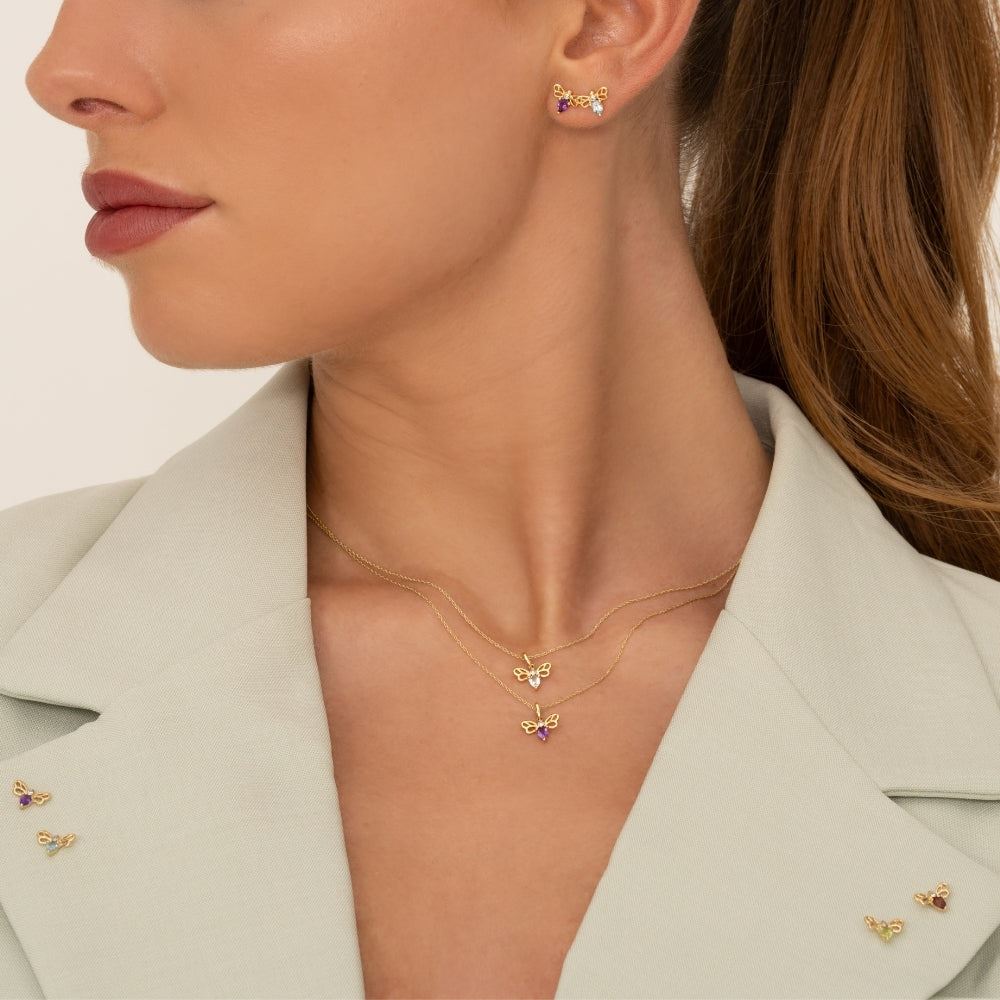 Honeycomb Art Nouveau Pear Shape Topaz and Diamond Bee Pin in 9ct Yellow Gold