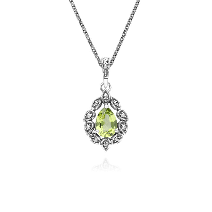 Halskette mit birnenförmigem Peridot- und Markasit-Anhänger im Art-Deco-Stil aus Sterlingsilber