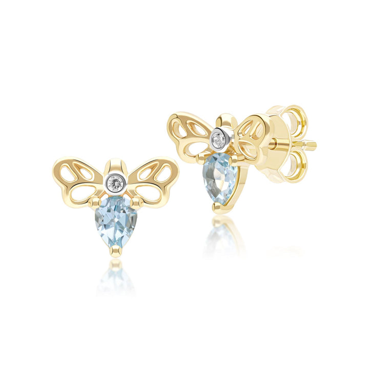 Honeycomb Art Nouveau Pear Shape Topaz and Diamond Bee Stud Earrings in 9ct Yellow Gold