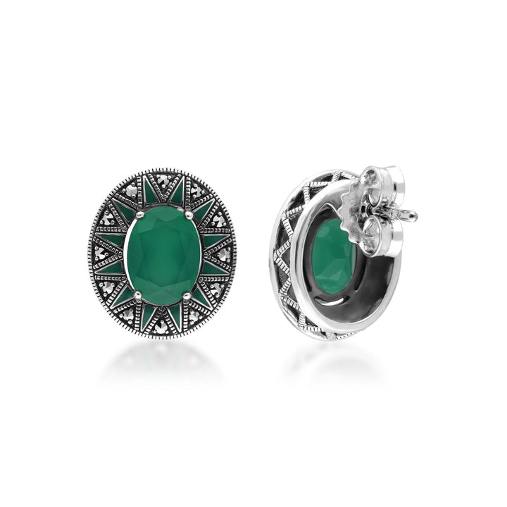 Ovale Ohrstecker aus Chalcedon und Markasit im Art-Deco-Stil