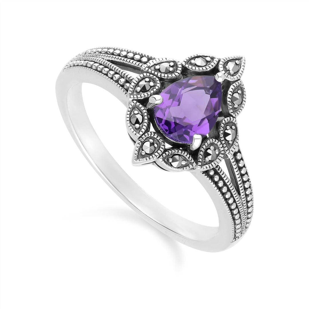 Birnenförmiger Amethyst- und Markasitring im Art-Deco-Stil aus Sterlingsilber