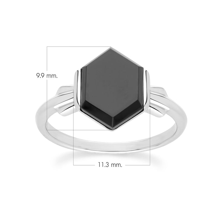 Grand Deco Sechseck-Ring aus schwarzem Onyx in Sterlingsilber