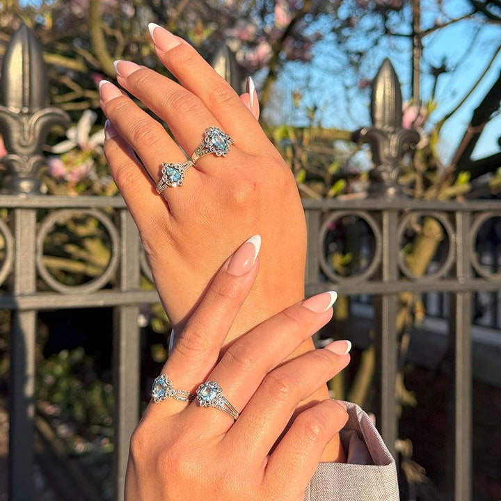 Ovaler Ring mit blauem Topas und Markasit im Art-Deco-Stil aus Sterlingsilber