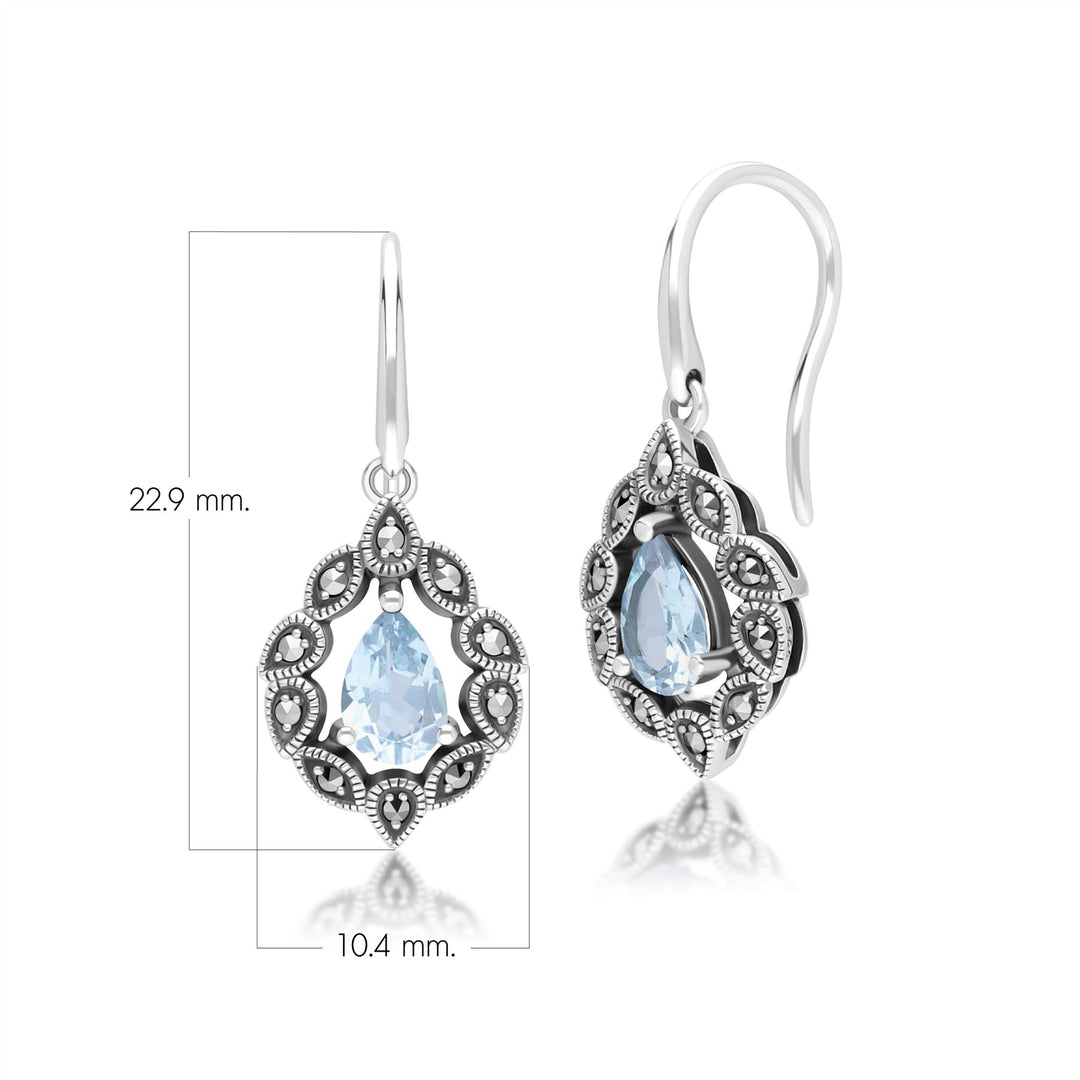 Tropfenohrringe im Art-Deco-Stil mit blauem Topas und Markasit, Sterlingsilber