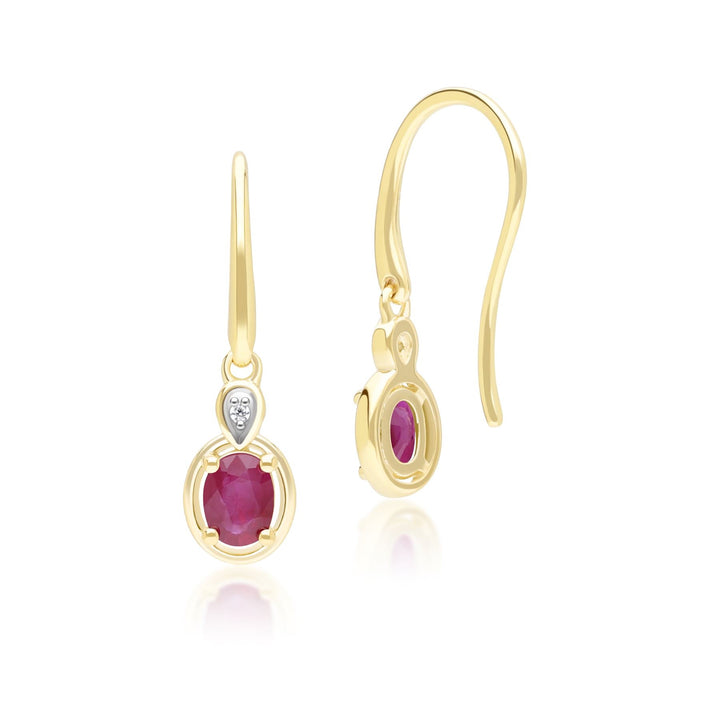 Klassische ovale Rubin- und runde Diamant-Tropfenohrringe aus 9 Karat Gelbgold