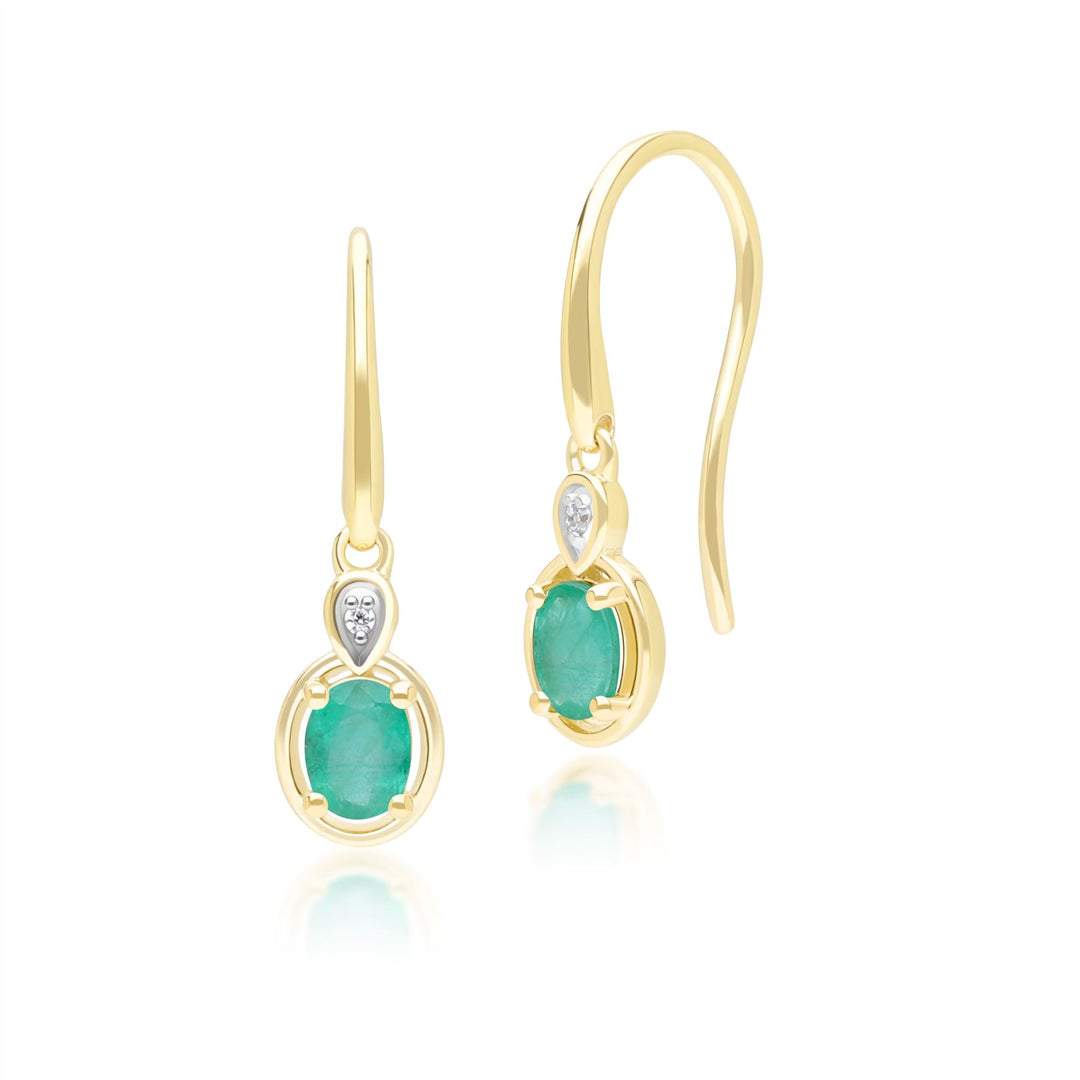 Klassische ovale Smaragd- und runde Diamant-Tropfenohrringe aus 9 Karat Gelbgold