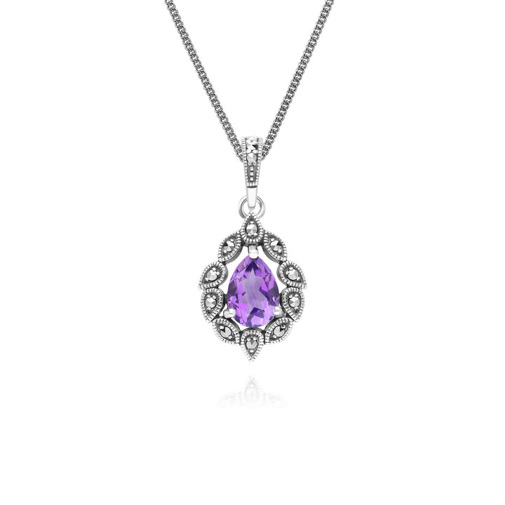 Halskette mit birnenförmigem Amethyst- und Markasit-Anhänger im Art-Deco-Stil aus Sterlingsilber
