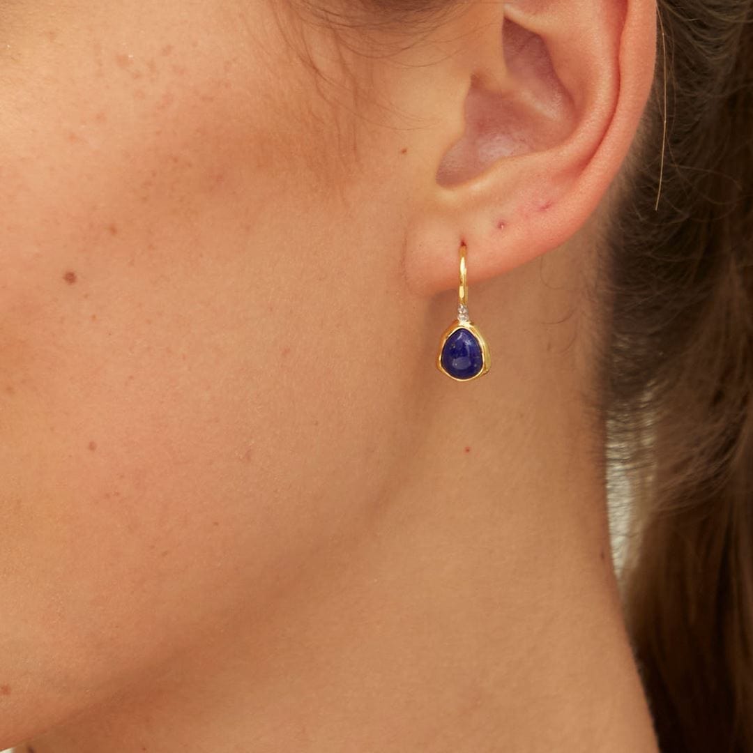 253E418702925 Irregular Lapis Lazuli & Topaz  Drop Earrings In 18ct Gold Plated SterlIng Silver On Model